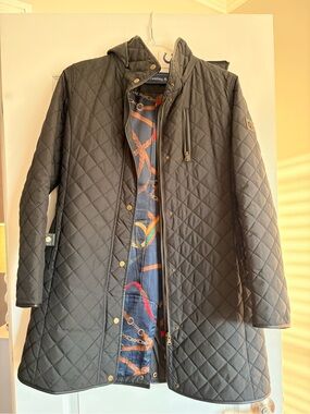 Lauren Ralph Lauren Black Quilted Long Trench Coat with Hood